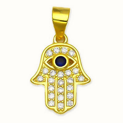 Gold Plated Sterling Silver CZ Hamsa Evil Eye Pendant - APD244-GP