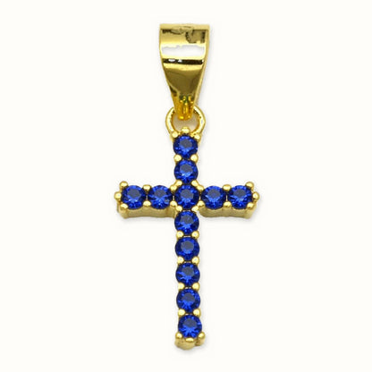Gold Plated Sterling Silver Blue CZ Cross Pendant - APX065B-GP