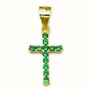 Gold Plated Sterling Silver Green CZ Cross Pendant - APX065G-GP