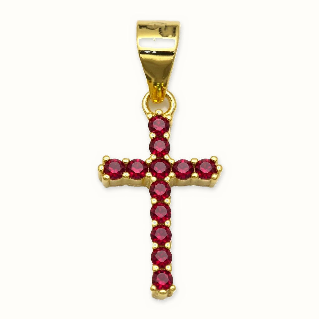 Gold Plated Sterling Silver Red CZ Cross Pendant - APX065R-GP