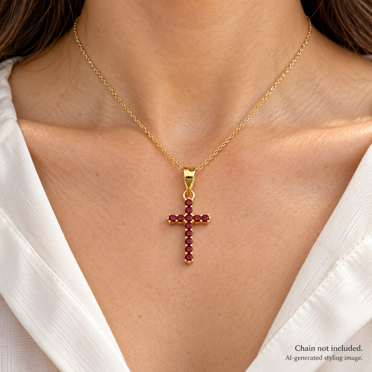 Gold Plated Sterling Silver Red CZ Cross Pendant worn — AI-generated styling image; chain not included