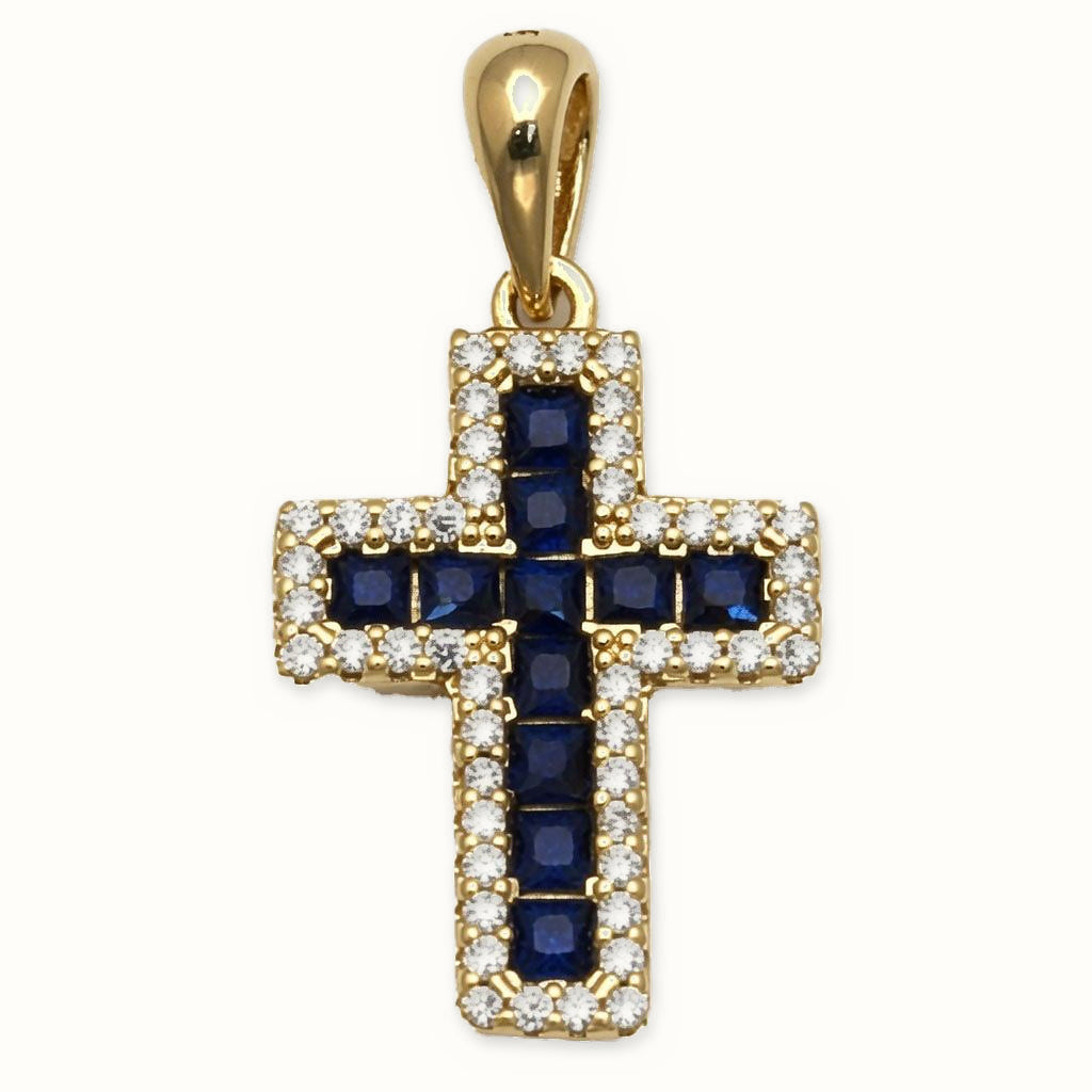 Gold Plated Sterling Silver Blue CZ Cross Pendant - APX066B-GP