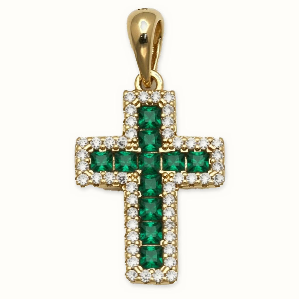 Gold Plated Sterling Silver Green CZ Cross Pendant - APX066G-GP