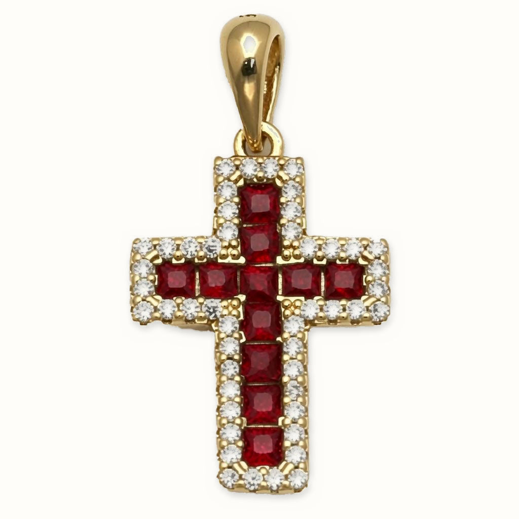 Gold Plated Sterling Silver Red CZ Cross Pendant - APX066R-GP