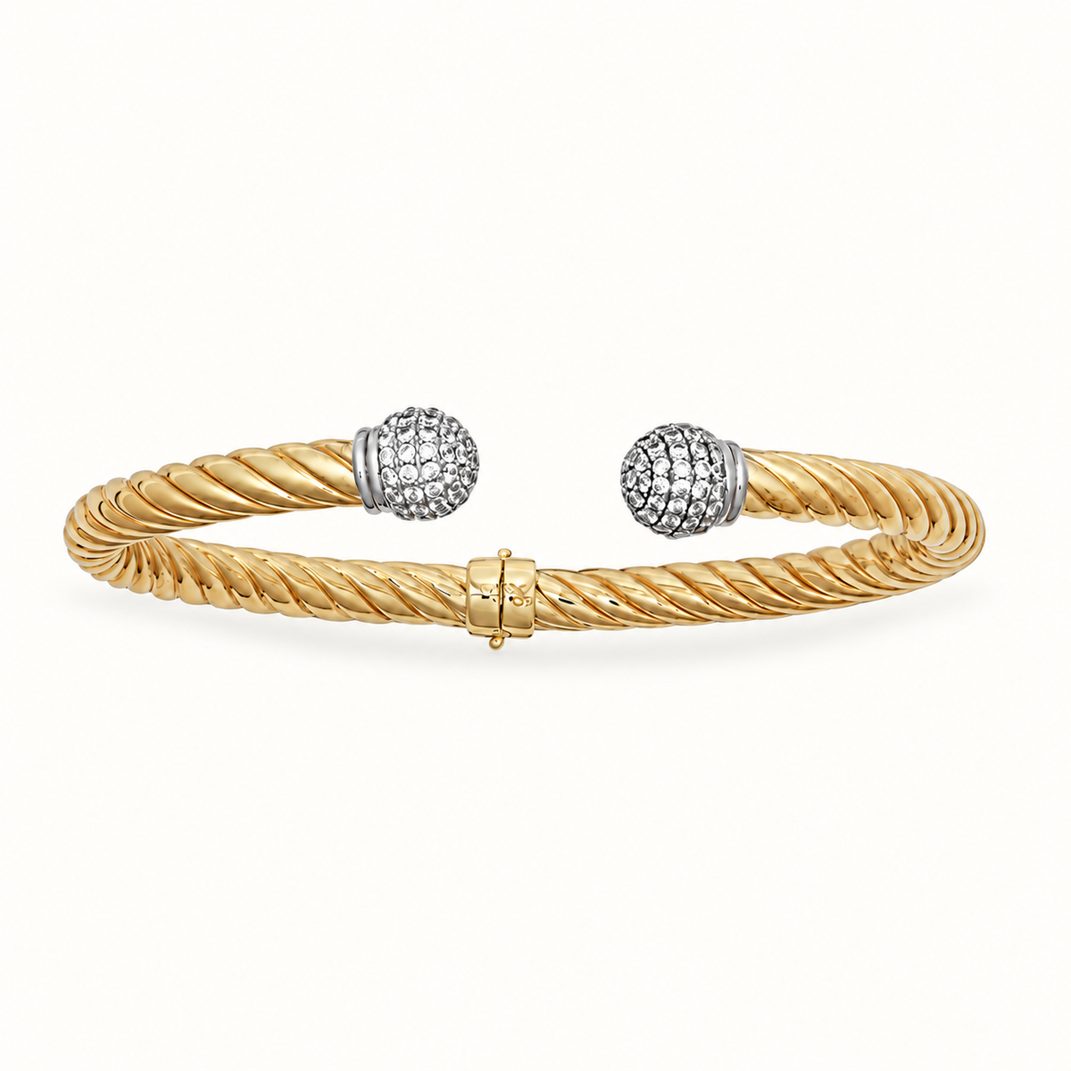 9ct Yellow Gold Torque Bangle – 5mm Hollow Twist CZ Hinged Ladies