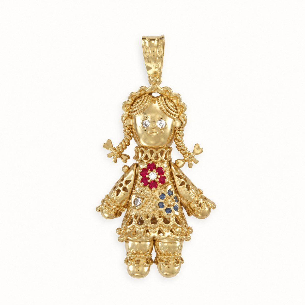 9ct Yellow Gold CZ Moveable Ragdoll Pendant – 47mm