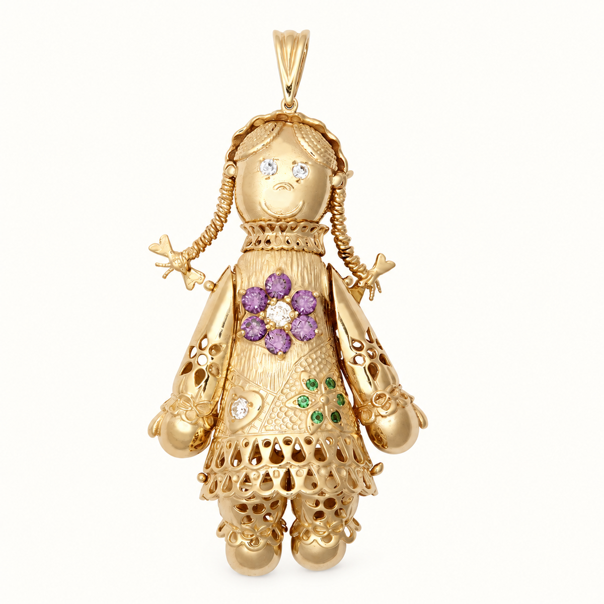 9ct Yellow Gold CZ Moveable Ragdoll Pendant – 75mm