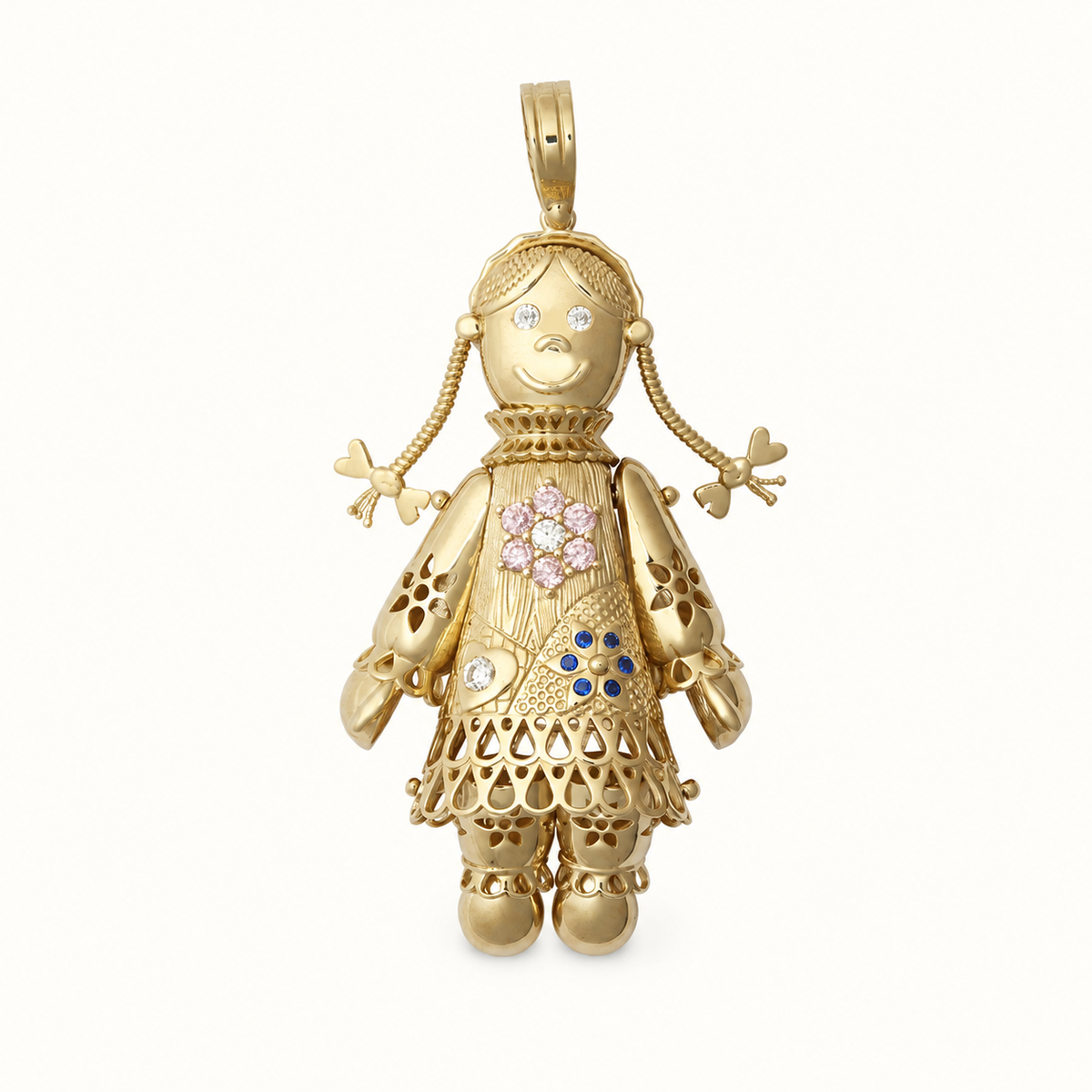 9ct Yellow Gold CZ Moveable Ragdoll Pendant – 60mm