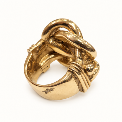 9ct gold heavy knot ring 58.4g, rear angle on ivory