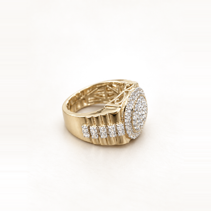 Side view of 9ct gold Presidential Style CZ bezel ring with stone-set shoulders on light ivory