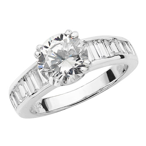 Sterling Silver CZ Solitaire With Baguette Shoulders Ring - G7482