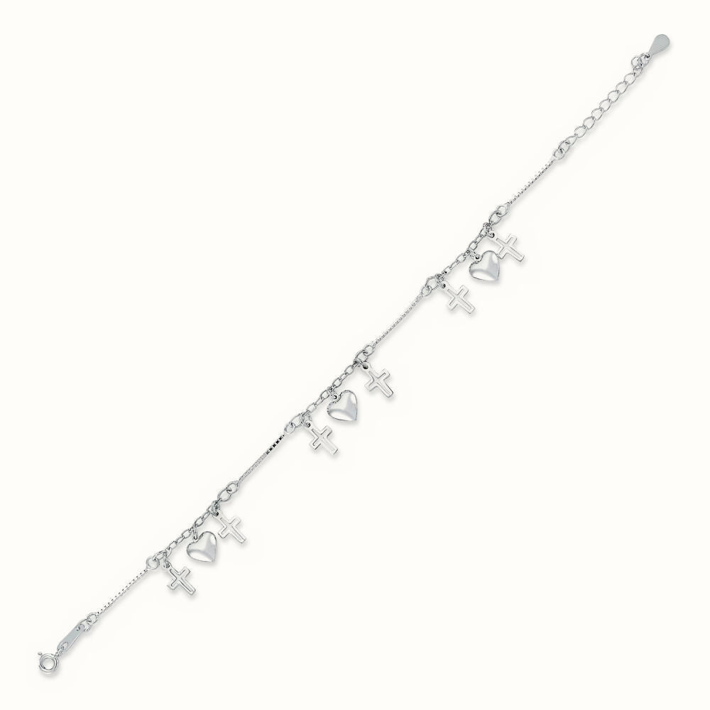 Sterling Silver Hearts and Cross Bracelet – ABB169