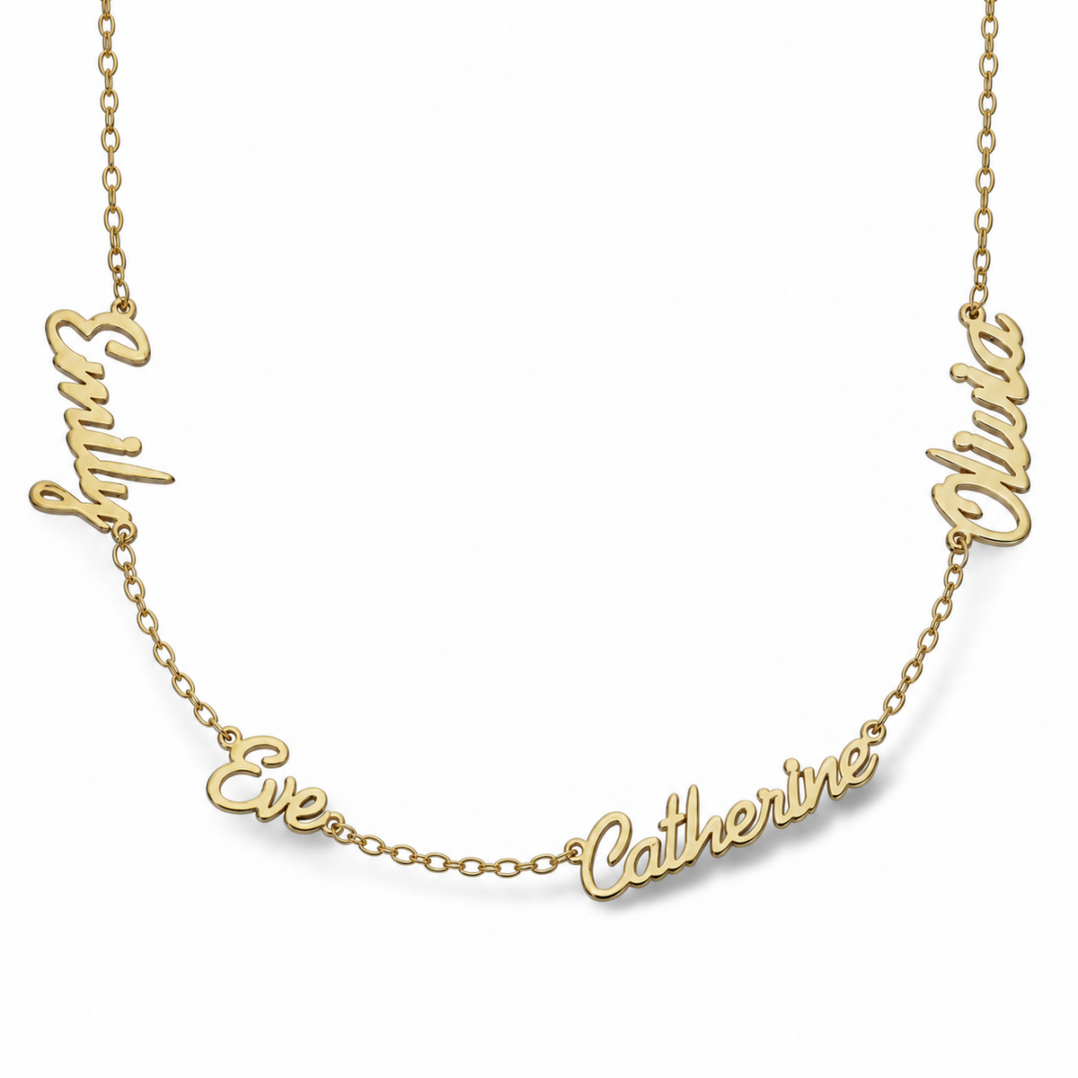 9ct yellow gold personalised necklace with four evenly spaced names and 16-inch chain