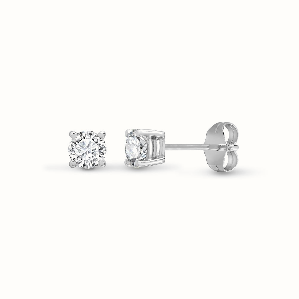 9ct white gold lab-grown diamond four claw stud earrings on warm ivory