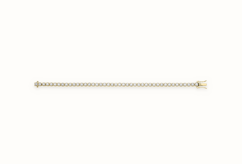 LDGBR005 9ct yellow gold lab-grown diamond tennis bracelet, full view, ivory studio background and soft shadow