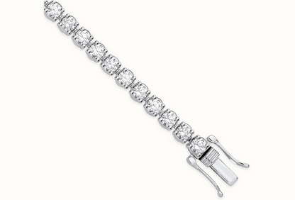 LDGBR007 9ct white gold lab-grown diamond tennis bracelet, clasp detail, ivory studio background and soft shadow