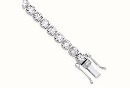 LDGBR008 9ct white gold lab-grown diamond tennis bracelet, clasp detail, ivory studio background and soft shadow