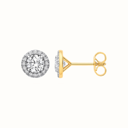 1.16ctw halo lab grown diamond earrings in yellow gold, Delan Jewellers