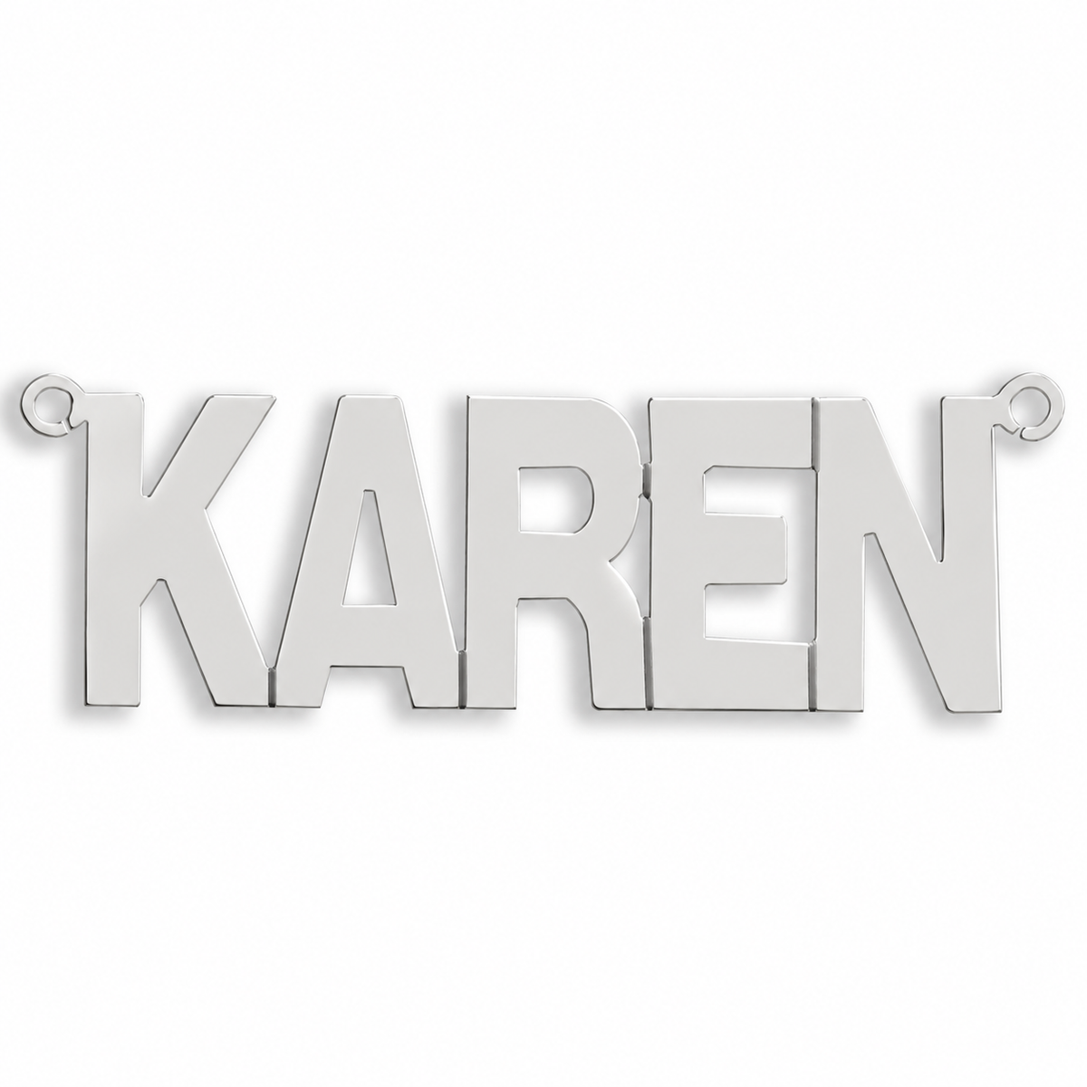 9ct white gold Large Block Style Nameplate example with name the centrepiece. The Large Block Style nameplate is personalised in 9ct yellow or white gold, with a loop at each end for a chain