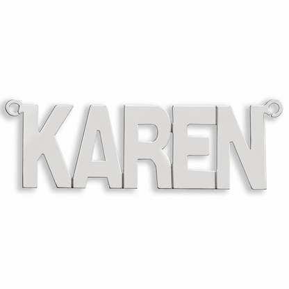 9ct white gold Large Block Style Nameplate example with name the centrepiece. The Large Block Style nameplate is personalised in 9ct yellow or white gold, with a loop at each end for a chain