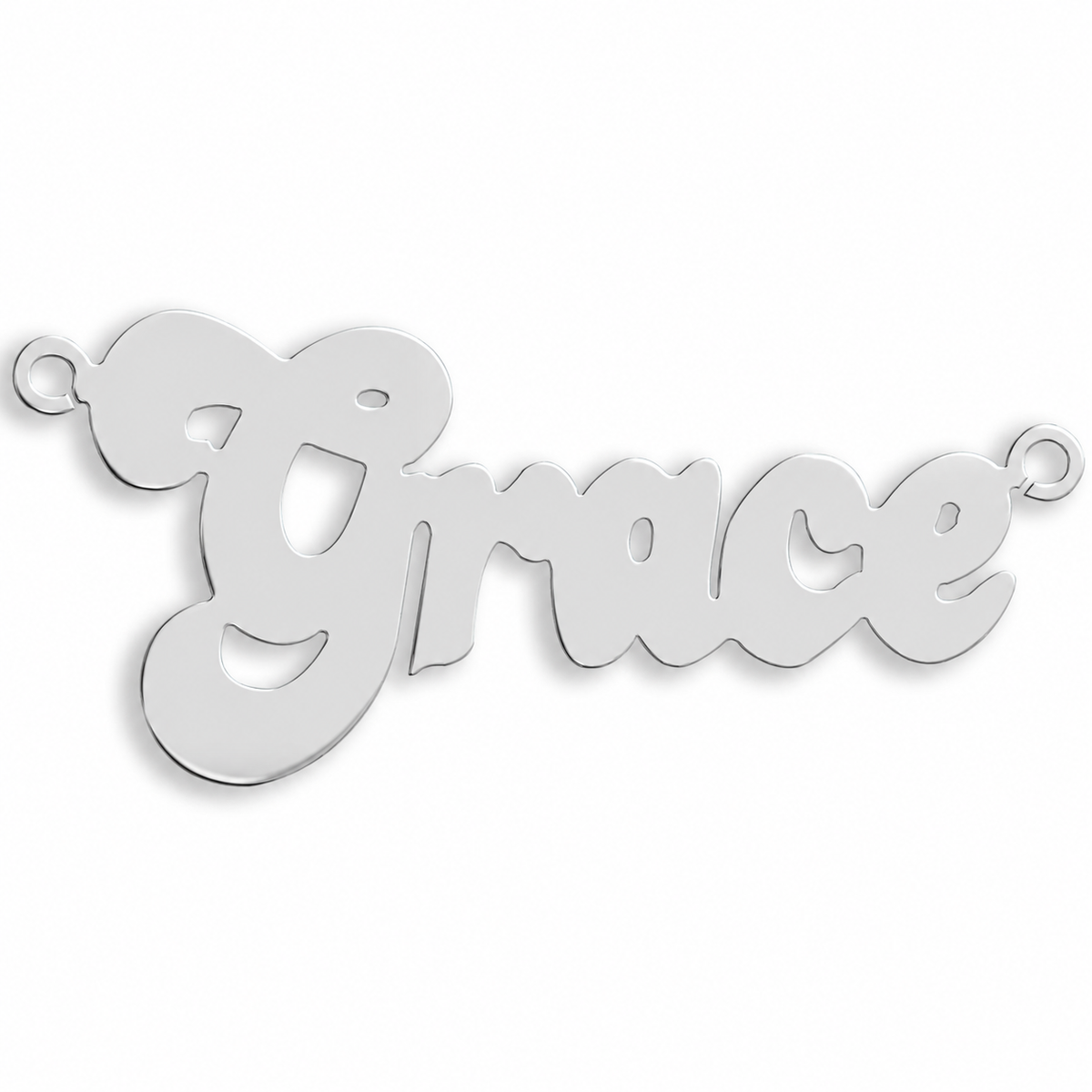 9ct white gold Large Banana Split Style Nameplate example with name the centrepiece. The Large Banana Split Style nameplate is personalised in 9ct yellow or white gold, with a loop at each end for a chain