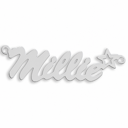 9ct white gold Script Star Nameplate example with name the centrepiece. The Script Star nameplate is personalised in 9ct yellow or white gold, with a loop at each end for a chain