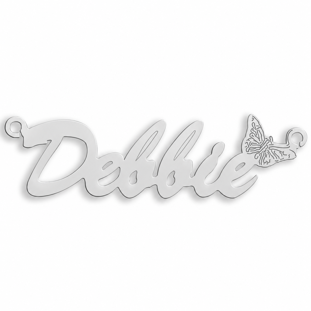 9ct white gold Script Butterfly Nameplate example with name the centrepiece. The Script Butterfly nameplate is personalised in 9ct yellow or white gold, with a loop at each end for a chain