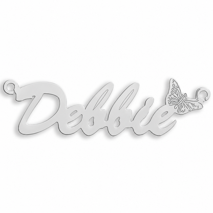 9ct white gold Script Butterfly Nameplate example with name the centrepiece. The Script Butterfly nameplate is personalised in 9ct yellow or white gold, with a loop at each end for a chain