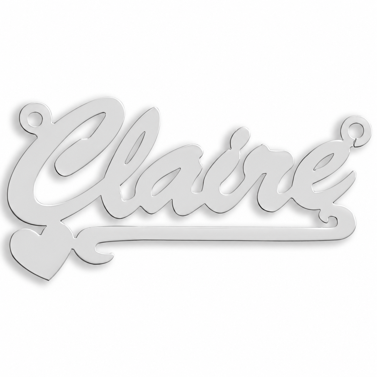9ct white gold Script Heart Scroll Nameplate example with name the centrepiece. The Script Heart Scroll nameplate is personalised in 9ct yellow or white gold, with a loop at each end for a chain