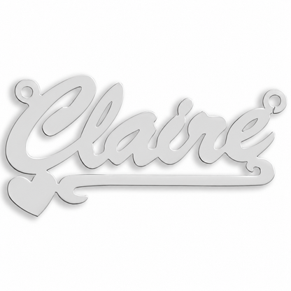 9ct white gold Script Heart Scroll Nameplate example with name the centrepiece. The Script Heart Scroll nameplate is personalised in 9ct yellow or white gold, with a loop at each end for a chain