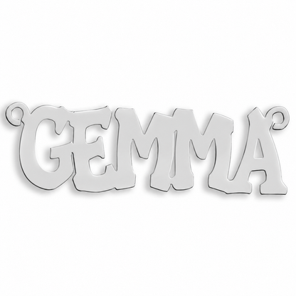 9ct white gold Large Hip Hop Style Nameplate example with name the centrepiece. The Large Hip Hop Style nameplate is personalised in 9ct yellow or white gold, with a loop at each end for a chain