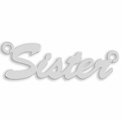 9ct white gold Small Script Nameplate example with name the centrepiece. The Small Script nameplate is personalised in 9ct yellow or white gold, with a loop at each end for a chain