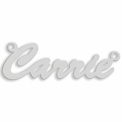 9ct white gold Medium Script Nameplate example with name the centrepiece. The Medium Script nameplate is personalised in 9ct yellow or white gold, with a loop at each end for a chain
