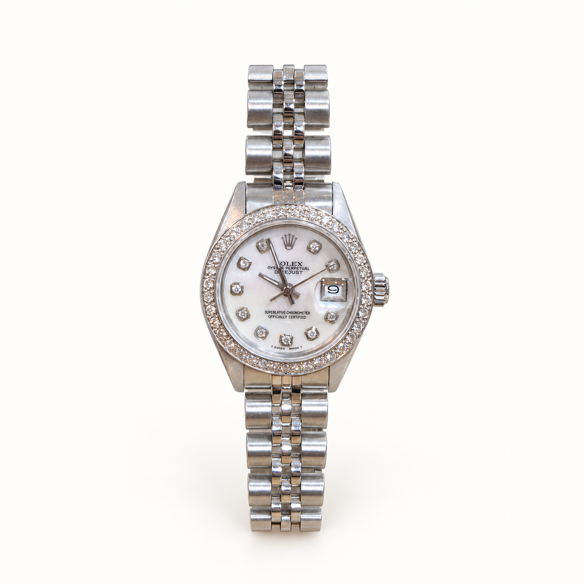Pre-owned Rolex Datejust 6917 mother-of-pearl dial and diamond bezel on full square ivory background