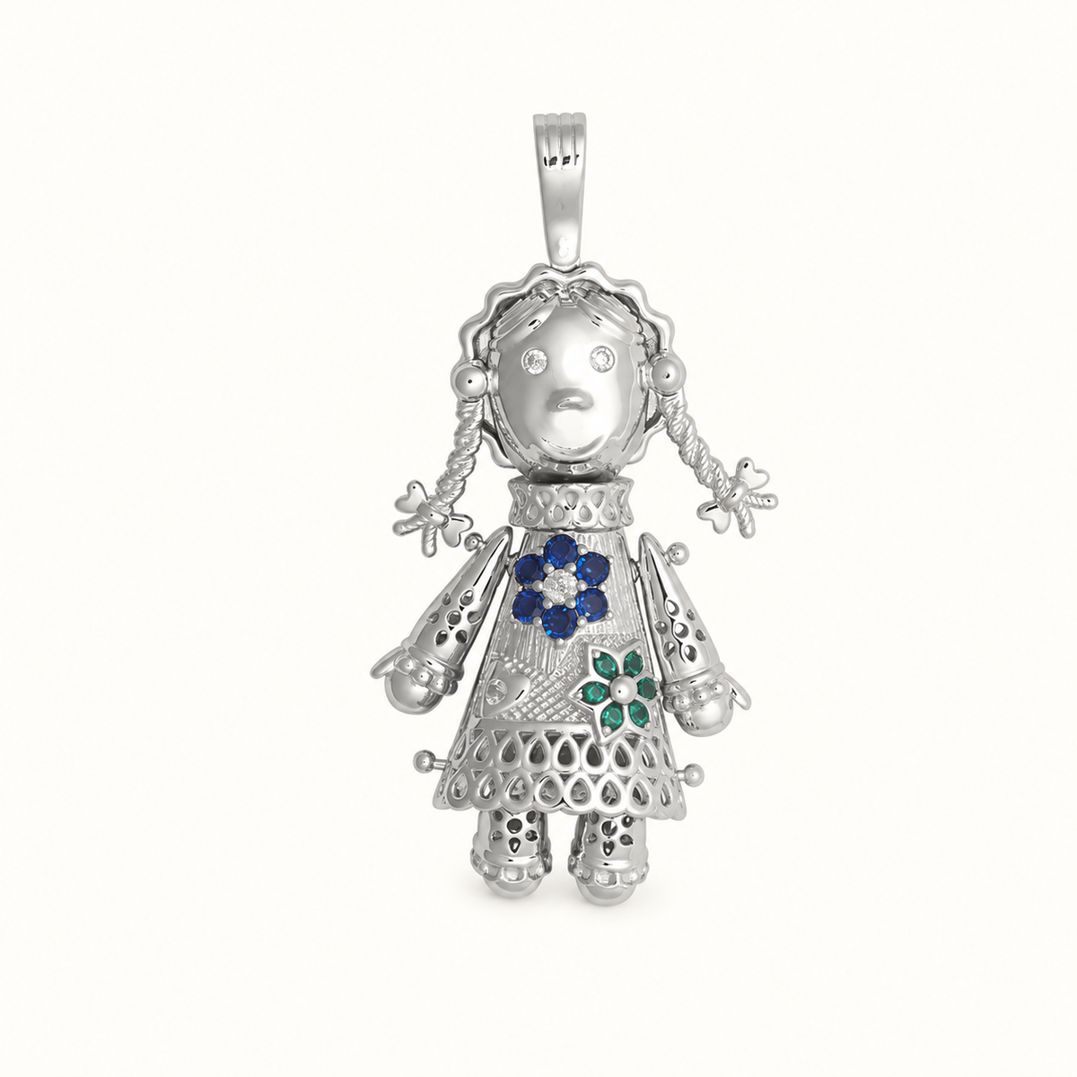 Silver Articulated CZ Ragdoll Pendant – 59mm