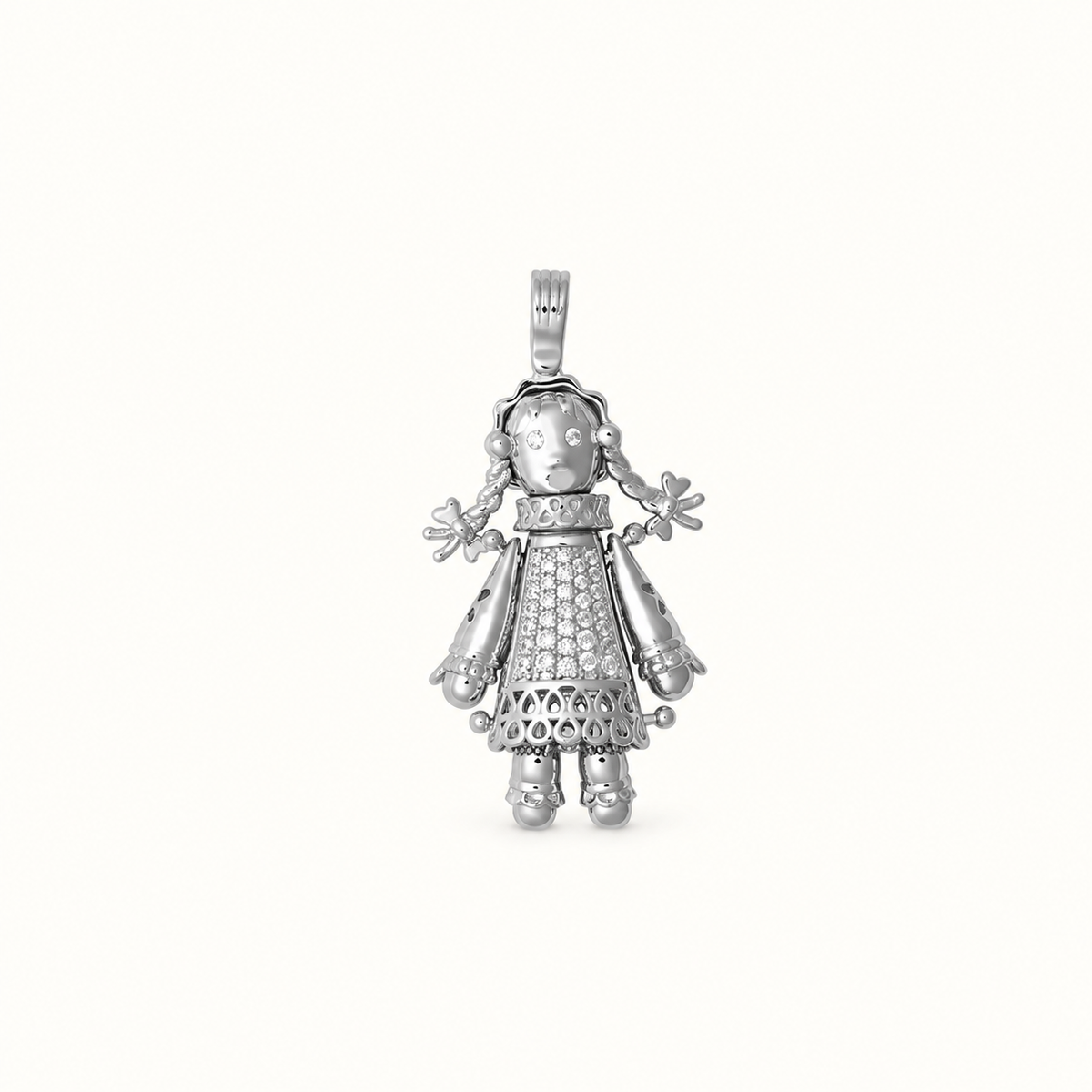 Silver CZ Dress Articulated Ragdoll Pendant – 41mm