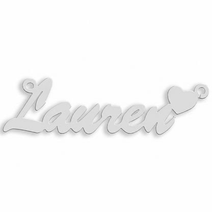 9ct white gold Script Heart Nameplate example with name the centrepiece. The Script Heart nameplate adds a heart detail to personalised lettering in 9ct yellow or white gold, with a loop at each end for a chain