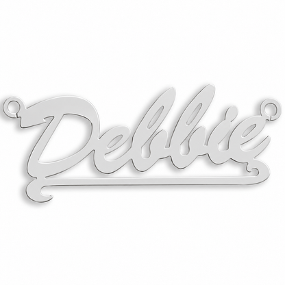 9ct white gold Script Scroll Nameplate example with name the centrepiece. The Script Scroll nameplate is personalised in 9ct yellow or white gold, with a loop at each end for a chain