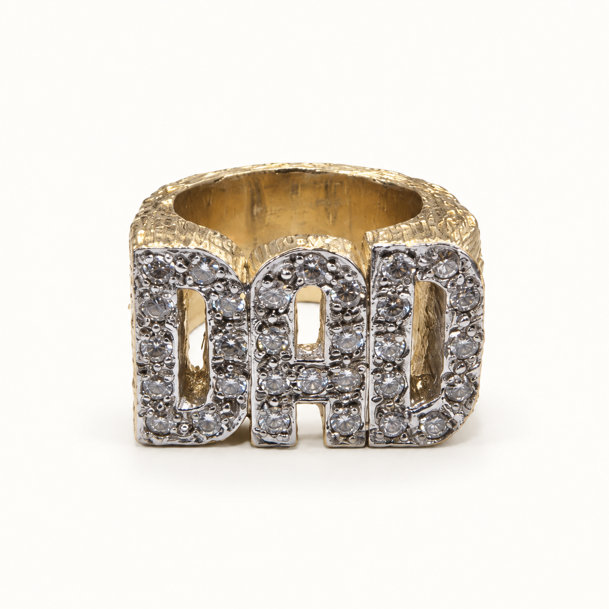 Men's 9ct gold ring, front view on ivory