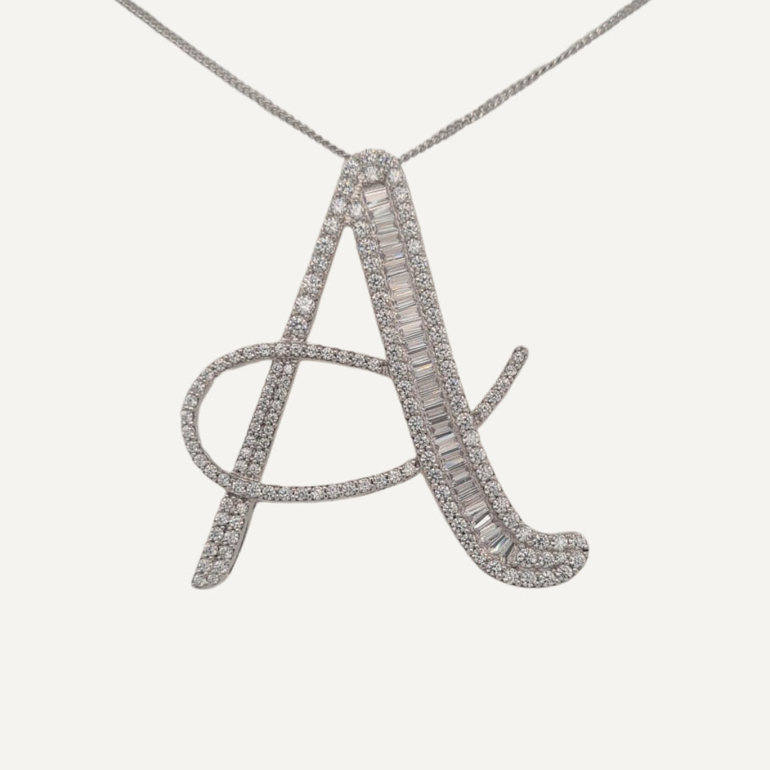 40mm Silver CZ Initial Pendant With Earrings
