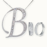 40mm silver CZ initial B pendant with large CZ hoop earrings