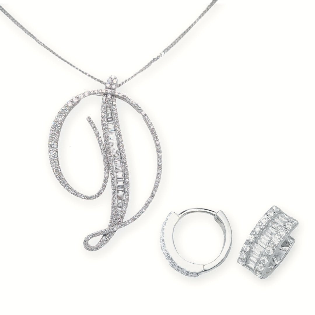30mm silver CZ initial D pendant with medium CZ hoop earrings