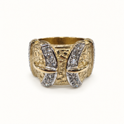 Men's 9ct gold ring, front view on ivory