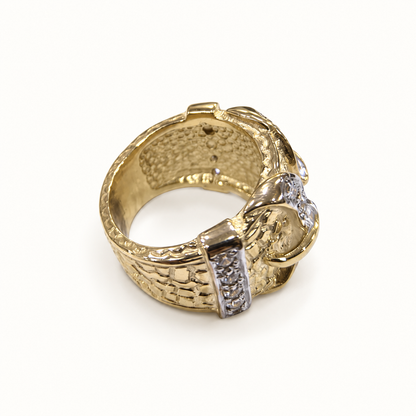 Men's 9ct gold ring, side view on ivory
