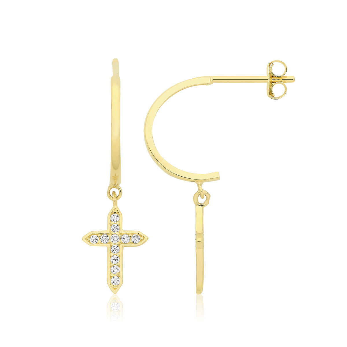 9ct Yellow Gold CZ Half-Hoop Cross Earrings - ES2068