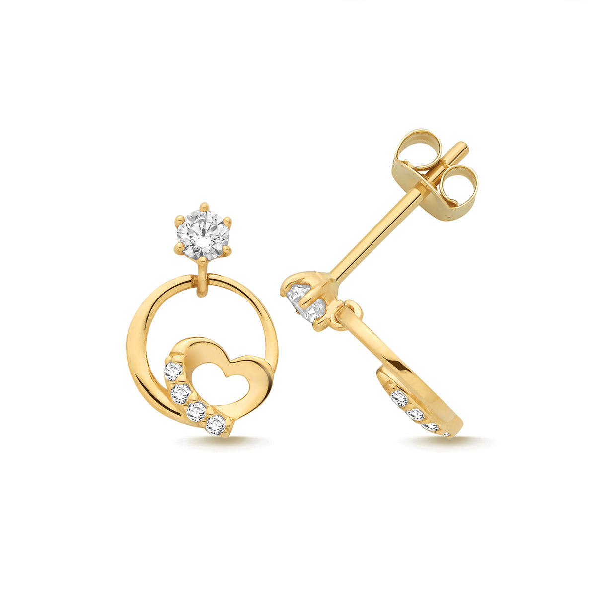 9ct Yellow Gold CZ Heart Drop In Circle Earrings - ES2193