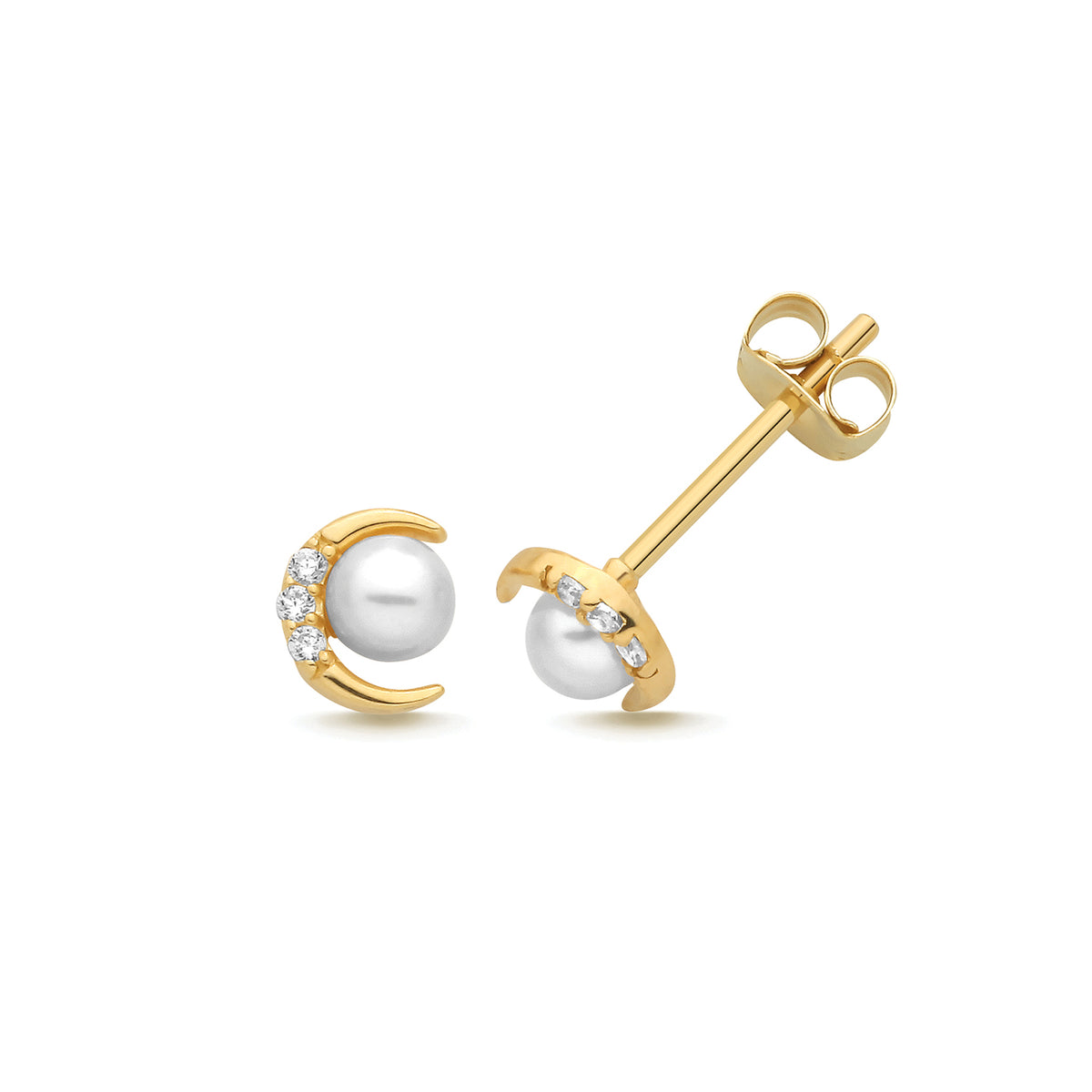 9ct Yellow Gold CZ Crescent Moon W/ Peal Stud Earrings - ES2216
