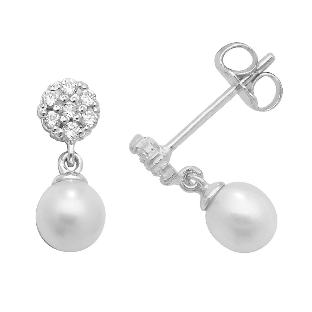 9ct White Gold CZ Cluster With Dangle Pearl Drops - ES462W
