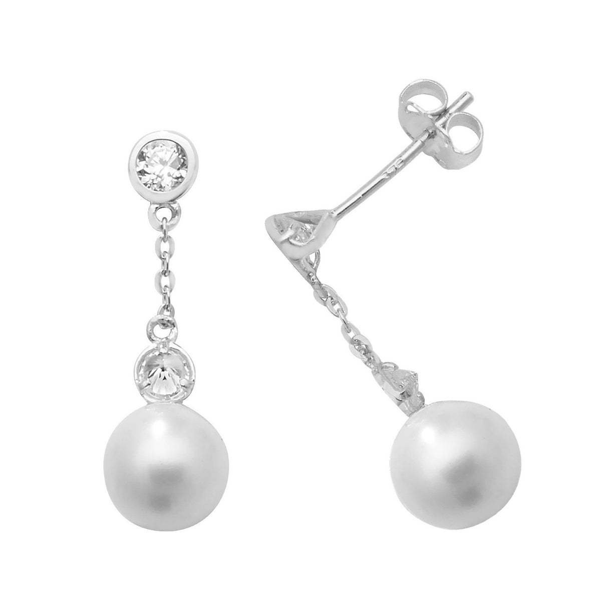 9ct White Gold Double CZ Bezel And Pearl Chain Drops - ES465W
