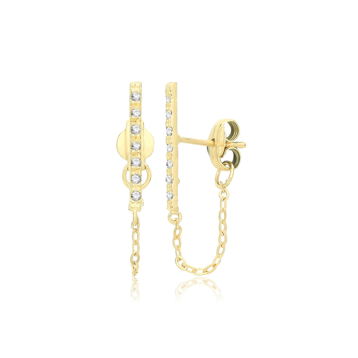 9ct Gold CZ Bar Studs With Chain - ES743